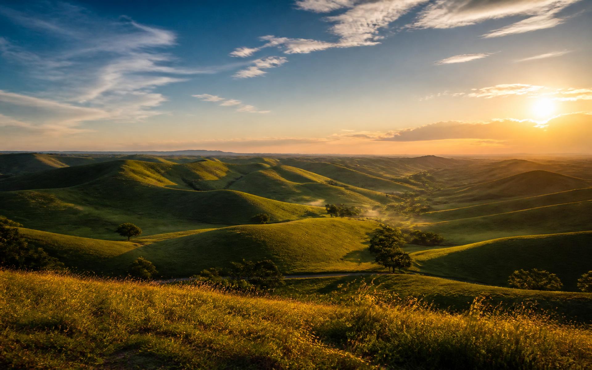 Rolling green hills of regional Australia at golden hour